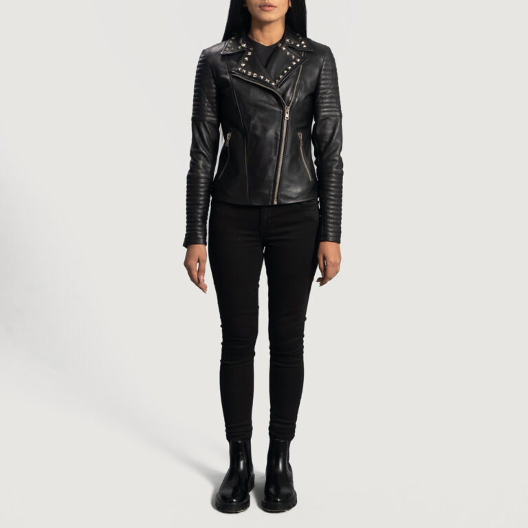 Womens Sally Mae Studded Black Leather Biker Jacket Full Length-2-1664352668346